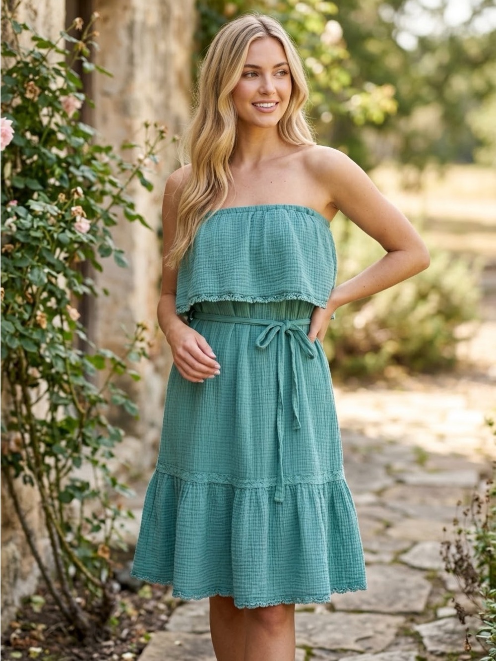 DAILY PRACTICE {Anthropologie} Malibu Teal Strapless Cotton Gauze Mini Dress